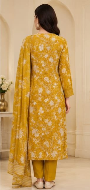 Mustard-yellow base with an elegant white floral print - Image 2