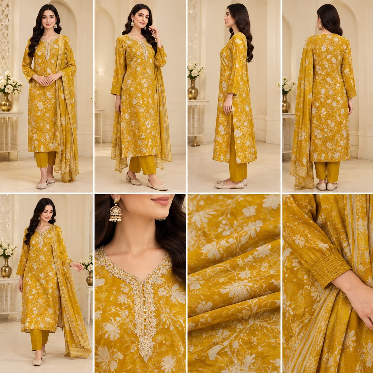 Mustard-yellow base with an elegant white floral print - Image 4