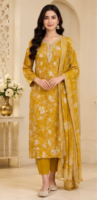 Mustard-yellow base with an elegant white floral print